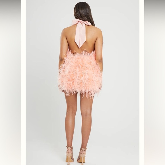 SAFFIYYAH PAUL Ostrich Feather Peach High Neck Open Back Mini Dress M/L - Picture 12 of 16